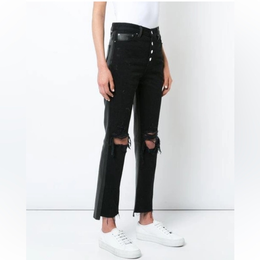 AMIRI Leather And Denim Cropped Flair Jeans in Black